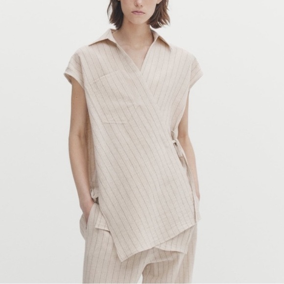 Massimo Dutti pinstripe wrap top linen cotton blouse natural fibers size small - Picture 4 of 17
